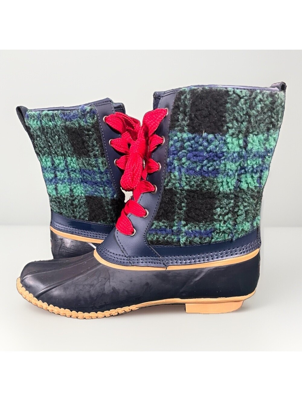 Lands End Insulated Sherpa Fleece Lined Duck Boots Evergreen/Navy Plaid W 9.5